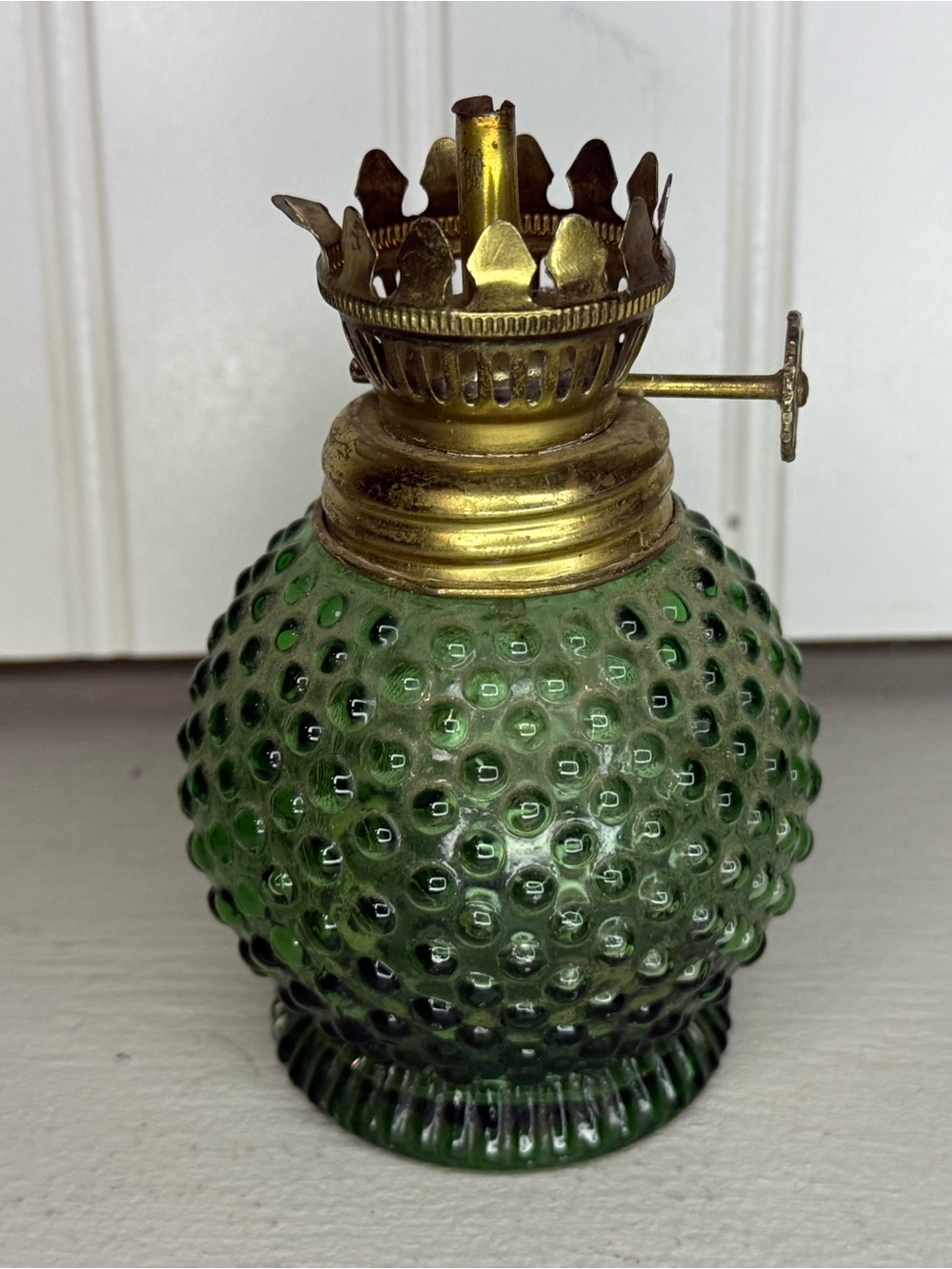 Vintage Oil Lamp Green Hobnail Glass Functional Wick Made in Hong Kong